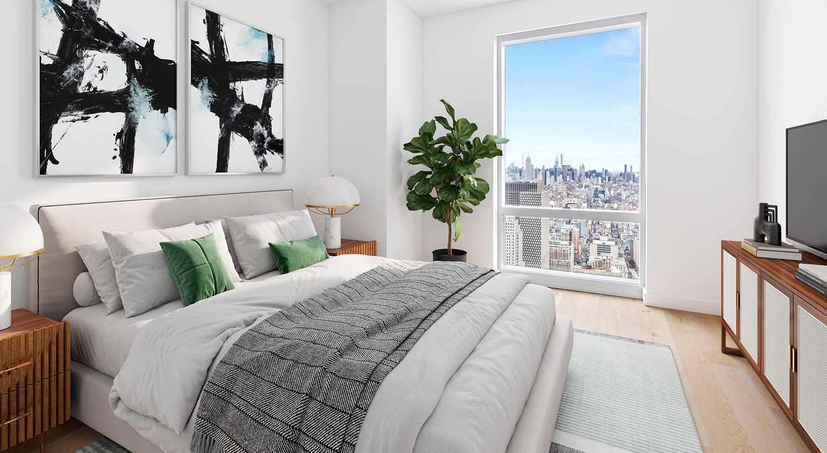 Contemporary bedroom design with large windows and open skyline views at 19 Dutch luxury rentals in Lower Manhattan.
