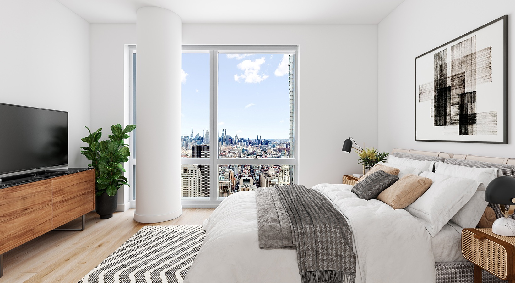Stylish bedroom interior at 19 Dutch featuring natural light, warm décor, and panoramic NYC skyline views.