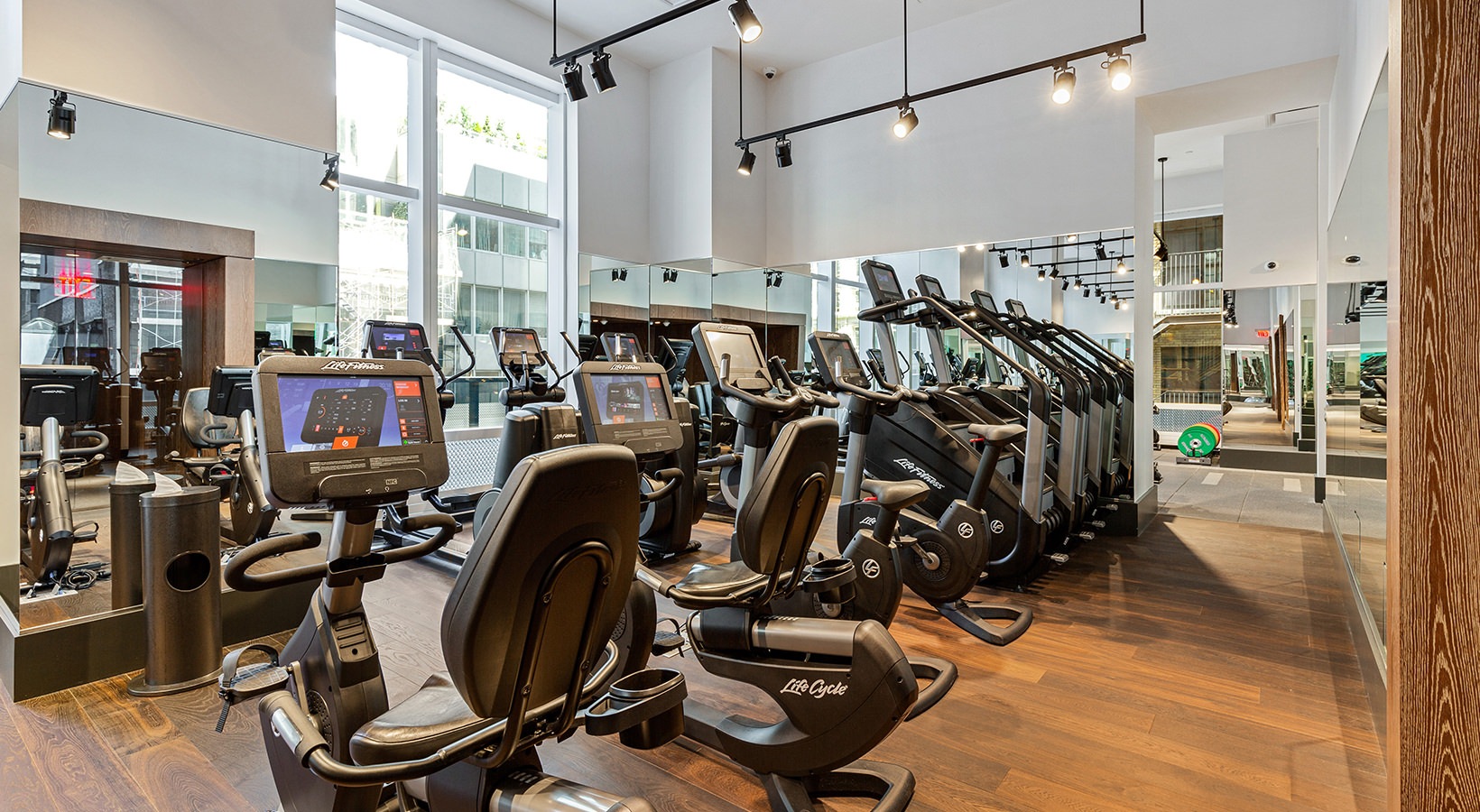 Modern fitness club at 19 Dutch with cardio machines, large mirrors, and floor-to-ceiling windows providing natural light.