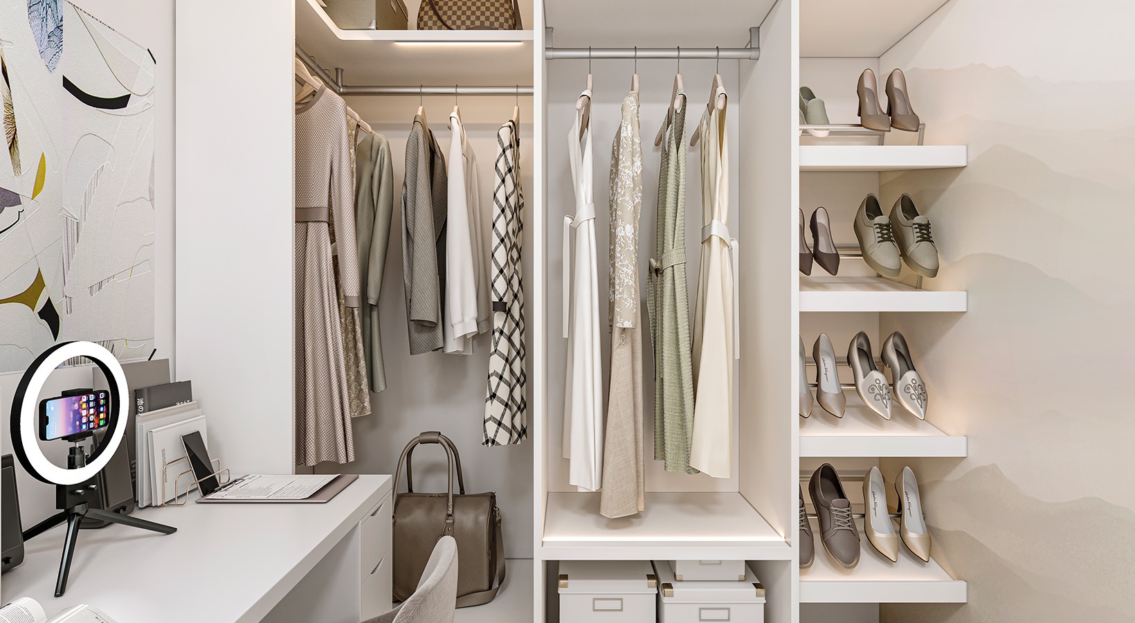 Modern walk-in closet at 19 Dutch with organized shelving, hanging space, and a built-in desk area in Lower Manhattan.