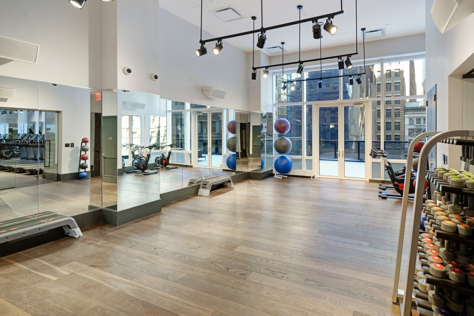 Spacious fitness club at 19 Dutch with mirrored walls, wood flooring, and exercise balls.